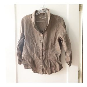 Flax 100% Linen Button Down Blouse Collared Tan